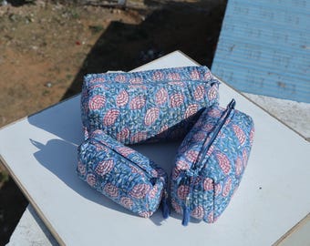 Floral Quilted Makeup Bag Set | Hand Block Print Cotton Cosmetic Pouches