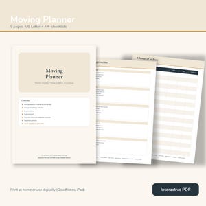 May include: A digital moving planner with a beige and white colour scheme. The document includes a cover page titled Moving Planner, a moving timeline, and a change of address checklist. It is formatted for US Letter and A4 paper sizes.