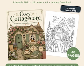 Cozy Cottagecore Coloring Book for Adults, 40 Bold and Easy Printable Coloring Pages, Relaxing Cottage Garden Scenes, Instant PDF