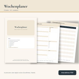 May include: A digital weekly planner template in A4 size, featuring a beige and white color scheme. The document includes a cover page with the text Wochenplaner, followed by internal pages showing a weekly overview, hourly schedule, to-do lists, and notes sections. The layout is designed for digital use on tablets or for printing.