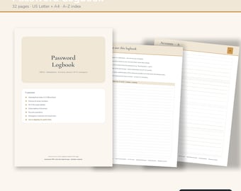 Password Book Fillable PDF | Password Logbook A-Z Index, WiFi, Devices, Subscriptions, Emergency Sheet | Printable Letter & A4