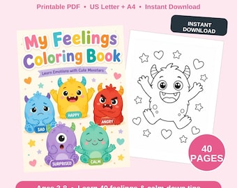 Feelings Coloring Book for Kids, 40 Printable Emotions Coloring Pages, Social Emotional Learning, Calm Down Activity, Kawaii Monsters PDF