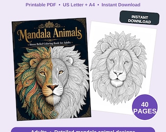 Mandala Animals Coloring Book for Adults, 40 Printable Zentangle Animal Coloring Pages, Stress Relief, Detailed Mandala PDF Download