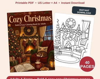 Cozy Christmas Coloring Book for Adults, 40 Bold and Easy Printable Holiday Coloring Pages, Relaxing Winter Scenes, Instant PDF