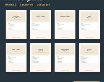Home Organizer Bundle Printable PDF | 8 Planners: Budget, Weekly, Cleaning, Meal, Habit Tracker, Password Book, Bills, Moving | Letter & A4