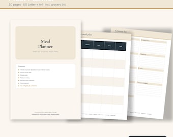 Meal Planner Fillable PDF | Weekly Meal Plan Template with Grocery List, Recipe Cards, Pantry Inventory, Meal Prep | Printable Letter & A4