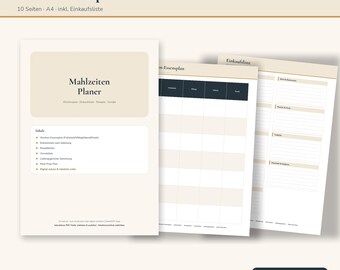 Mahlzeitenplaner PDF Deutsch | Wochen Essensplan zum Ausdrucken mit Einkaufsliste, Rezeptkarten, Vorratsliste, Meal Prep | A4 Download