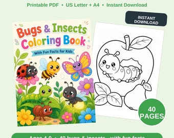 Bugs and Insects Coloring Book for Kids, 40 Printable Coloring Pages with Fun Facts, Science Activity, Homeschool Nature Study PDF