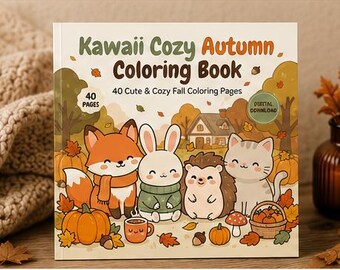 Kawaii Cozy Autumn Coloring Book, 40 Printable Fall Coloring Pages, Digital PDF, Kids & Adults