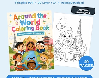 Around the World Coloring Book for Kids, 40 Printable Countries Coloring Pages, Geography Fun Facts, Homeschool Activity, Travel PDF