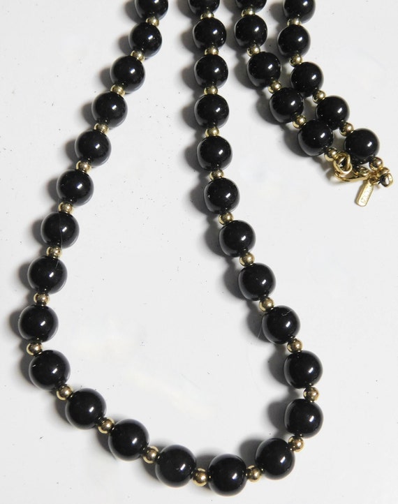 Vintage MONET Black Beaded Necklace ~~ Goldtone S… - image 5