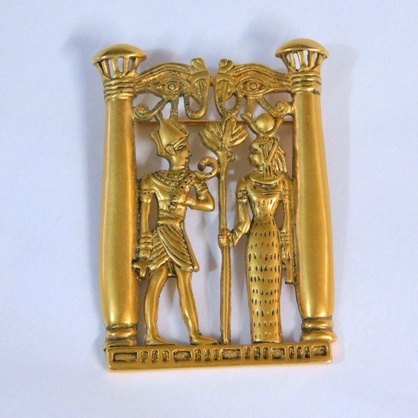Egyptian Themed Pin Brooch - Osiris and Isis, Goldtone