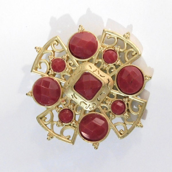 Vintage Goldtone Red Rhinestone Maltese Cross Pin Brooch