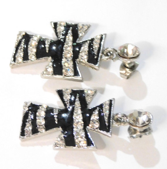 Silvertone Cross Pierced Earrings - Black Enamel … - image 3