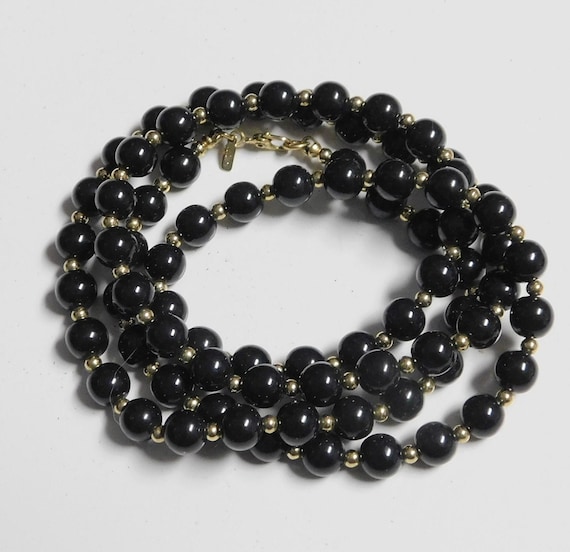 Vintage MONET Black Beaded Necklace ~~ Goldtone S… - image 1