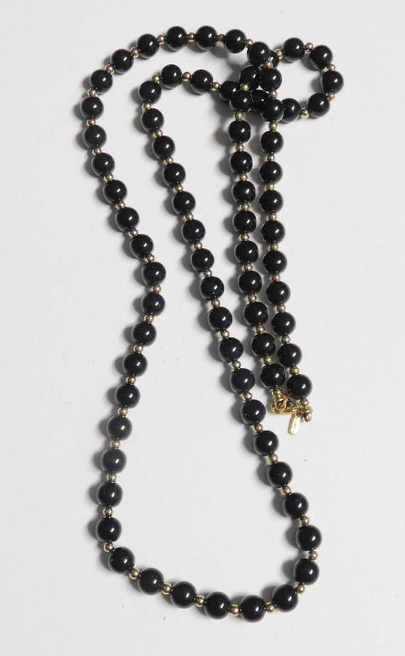 Vintage MONET Black Beaded Necklace ~~ Goldtone S… - image 2