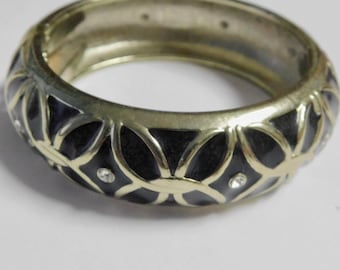 Goldtone Hinged Clamper Bracelet with Black Enamel & Clear Rhinestones