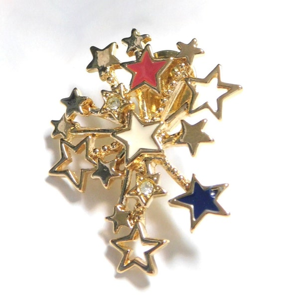 Avon Vintage AMERICAN STARS PIN ~~ Enamel Rhinestones Goldtone Patriotic Brooch, Fireworks, New in Box