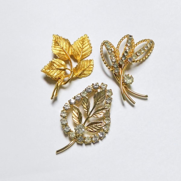 3 Vintage Goldtone Leaf Pins Brooches -  1 DFA (Dubarry Fifth Avenue), 2 Unbranded ~~ Rhinestone Accents