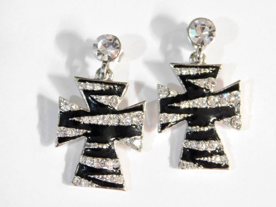 Silvertone Cross Pierced Earrings - Black Enamel … - image 1