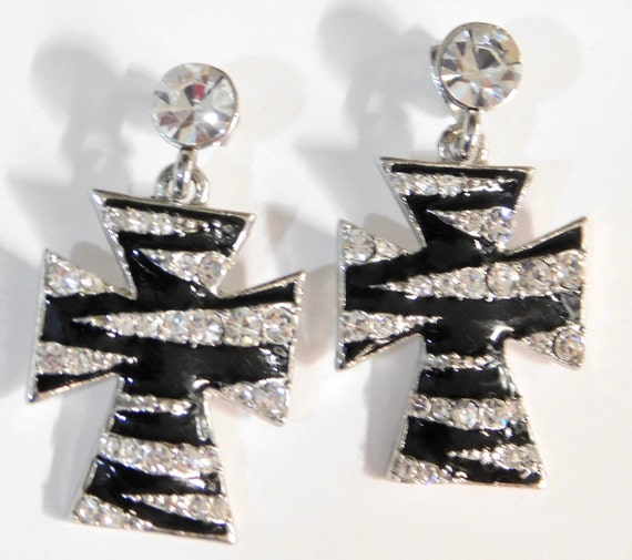 Silvertone Cross Pierced Earrings - Black Enamel … - image 2