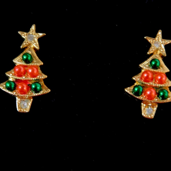 Vintage Avon Colorful Christmas Tree Pierced Earrings, 1995 ~~ Rhinestone Accent