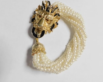 Multi-Strand (10) Faux Pearl Bracelet with Lion's Head Clasp