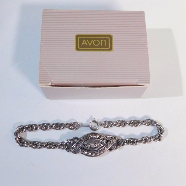 Avon Heirloom Classic Bracelet, 1990 - New in Box, Silvertone, Faux Marcasite with Rhinestones