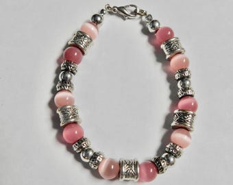 Pink Cat's Eye Beaded Bracelet - Silvertone