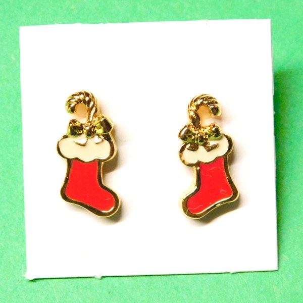 Vintage Avon Festive Accents Pierced Earrings - Santa's Stocking, 1992 ~~ Christmas, New in Box, NOS