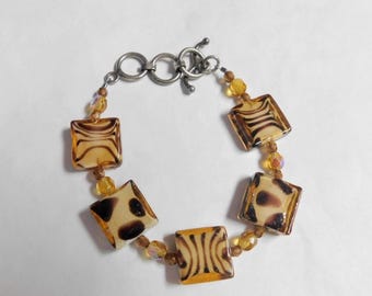 Glass Bead Bracelet - Tiger Stripes & Leopard Spots, 8" Long
