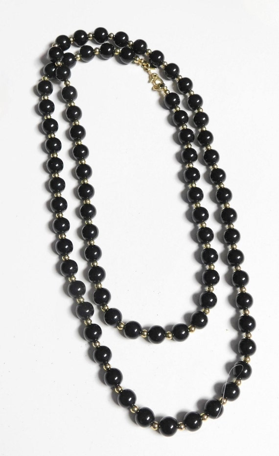 Vintage MONET Black Beaded Necklace ~~ Goldtone S… - image 3