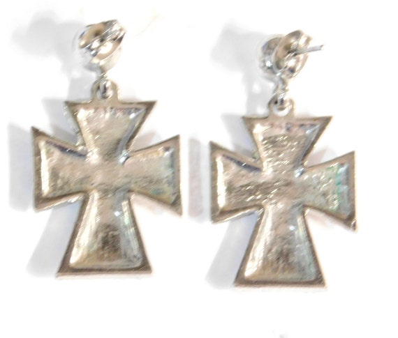 Silvertone Cross Pierced Earrings - Black Enamel … - image 4
