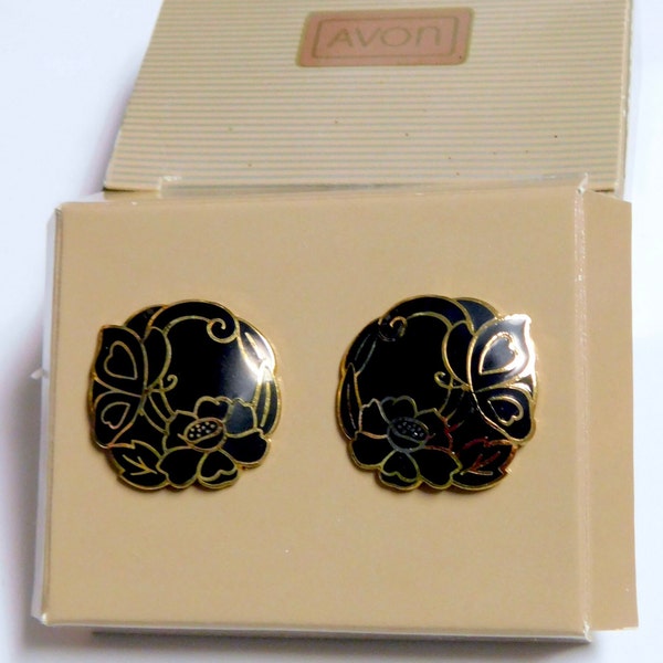 Vintage Avon SOPHISTICATED CLOISONNE Pierced Earrings - Black, 1988 ~~ Goldtone, New in Box