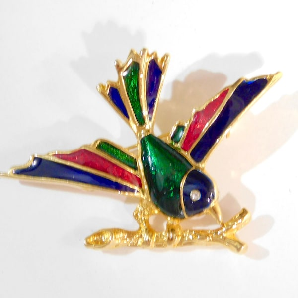 Bird on Limb Branch Figural Brooch Pin - Goldtone, Rhinestone Eye, Blue, Red & Green Enamel Wings