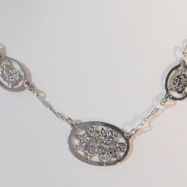 Vintage Avon Engraved Necklace - Silvertone, 1981 ~~ Floral Motif, Choker, Size: Small, New in Box