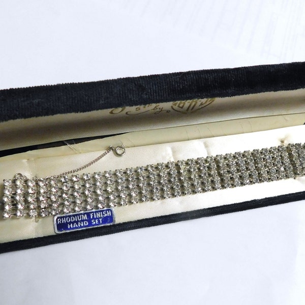 Vintage BRJ Smart Set 5th Ave Clear Rhinestone Bracelet ~~ Silvertone, Safety Chain, Original Box (TJ)