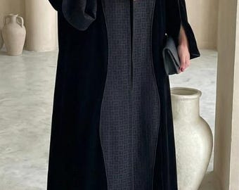 Noir Velvet Abaya, Open abaya with unique patterned lapels.