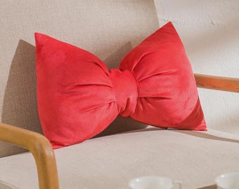Pink & Red Bow-Look Plush Cushion Cover – 12×16 in (30×40 cm)