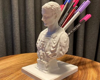 Julius Caesar Bust Pen Holder – Organic PLA Desk Decor – 6 in (15 cm)