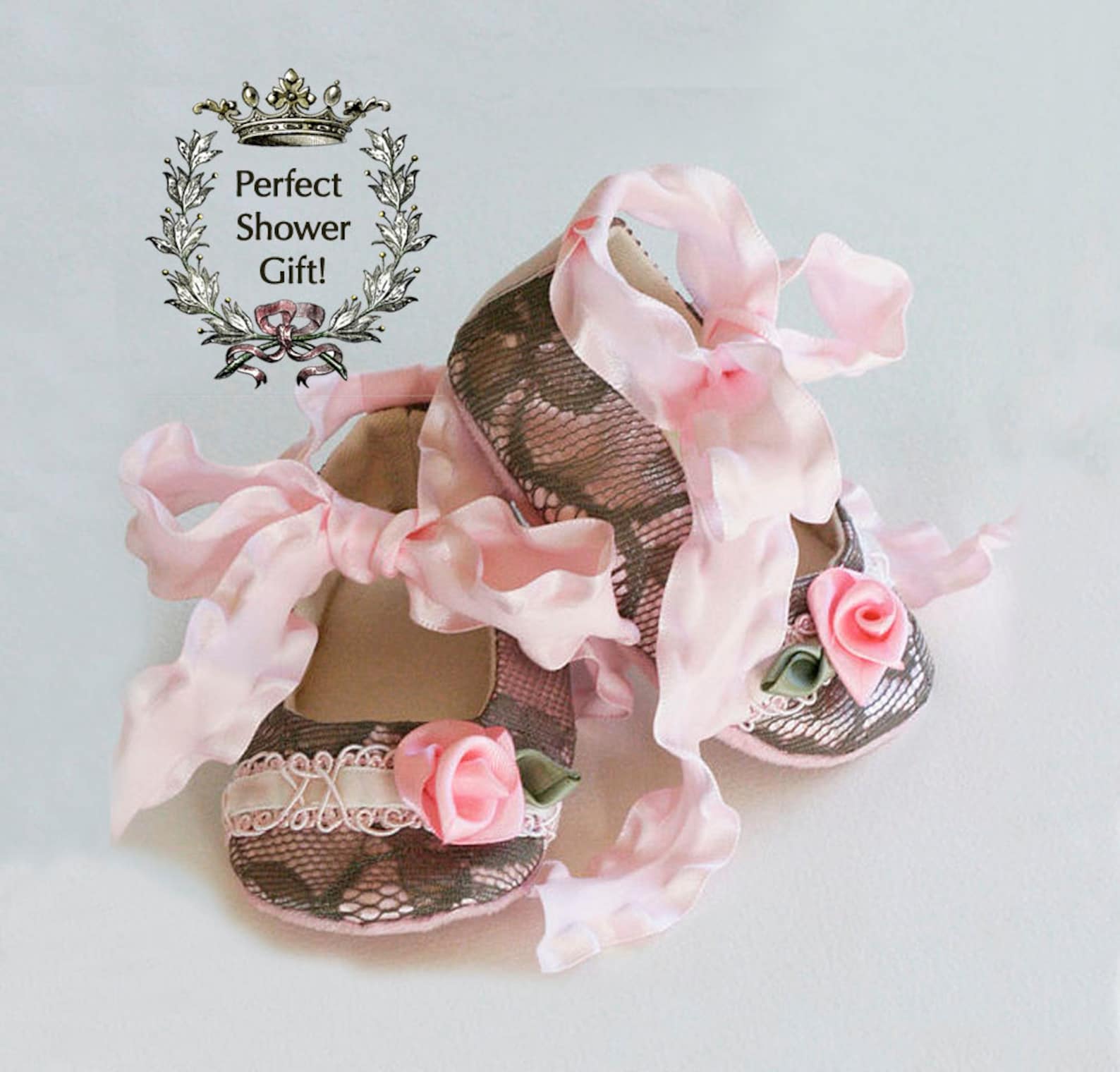 lace baby bootie, pink baby crib shoe, shower gift toddler ballet flat, baby ballet slipper, flower girl shoe, handmade baby sho