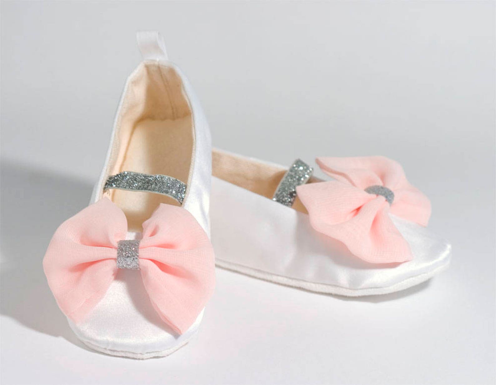 white & blush flower girl shoe, satin mary jane, baby ballet flat, toddler shoe, spring wedding ballet slipper, christening shoe