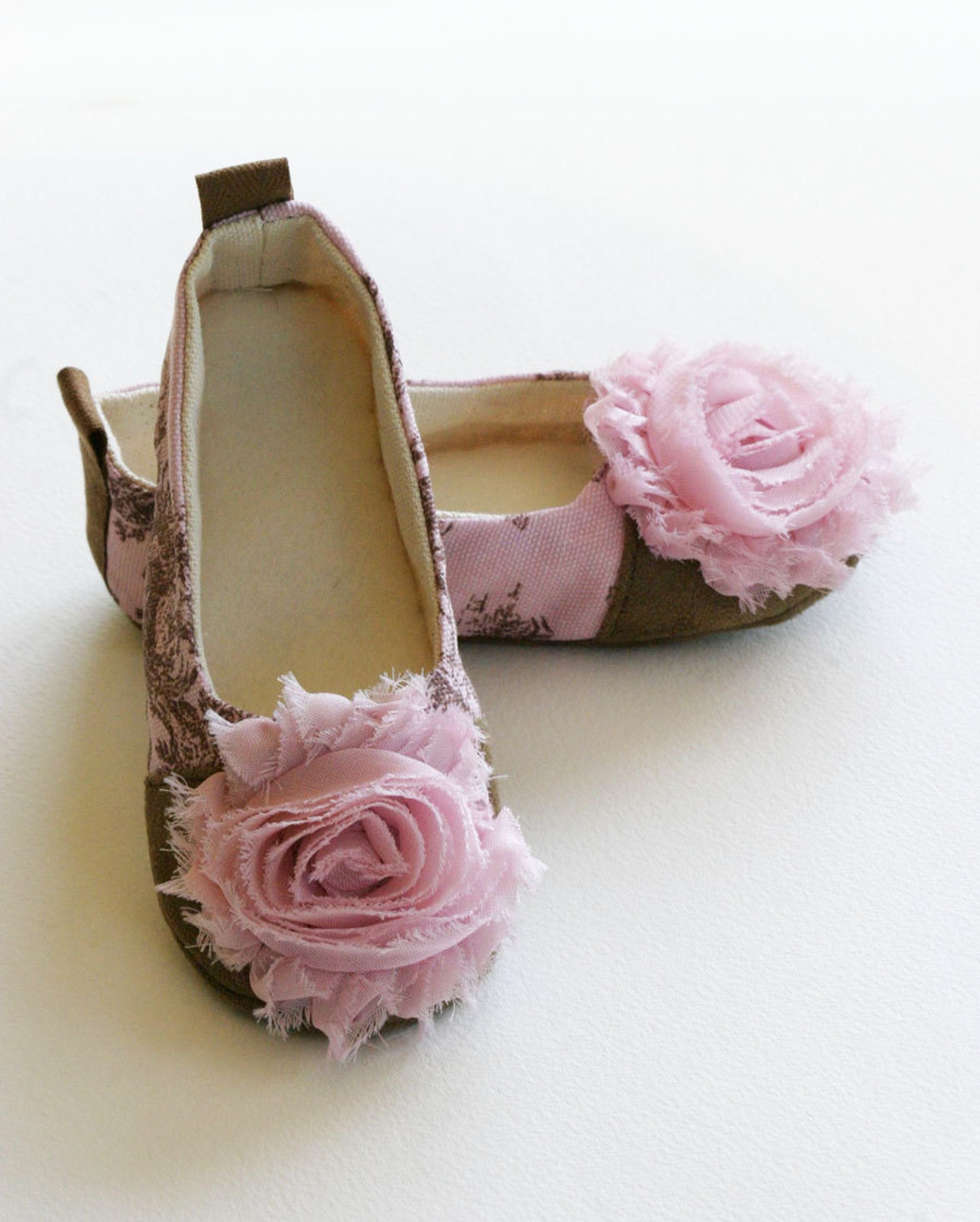 couture baby & toddler shoes, ballet flats, pink, green, blue toile, french style ballet shoes, wedding, dance, girls, baby soul