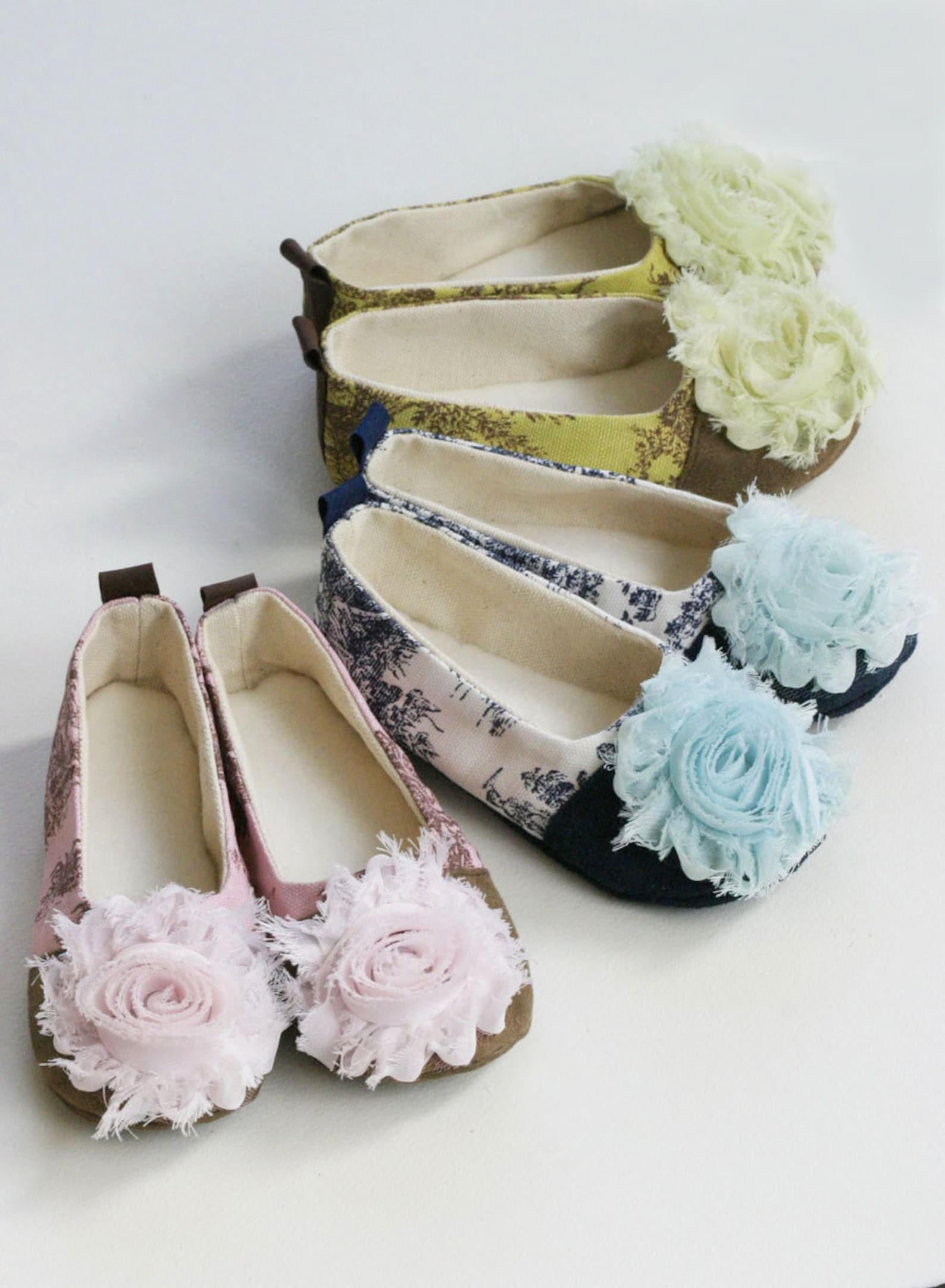 couture baby & toddler shoes, ballet flats, pink, green, blue toile, french style ballet shoes, wedding, dance, girls, baby soul