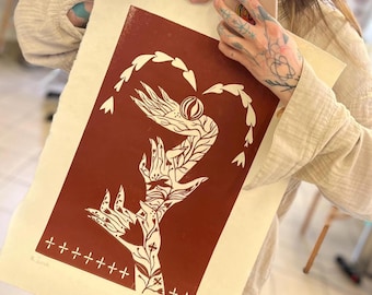 Grabado en linóleo de Fountaine (siena tostada)