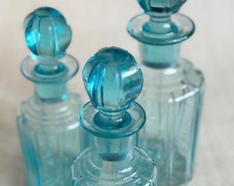 Antique French Aquamarine Glass Vanity Bottles Set: Vintage Beryl Teal Blue Paneled Perfume Flacons