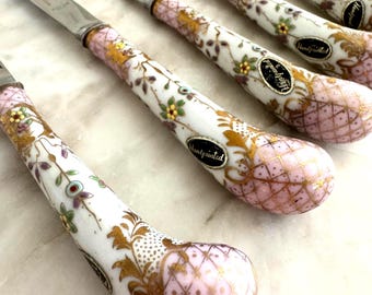 Vintage A.E. Lewis & Co. Hand Painted Floraine Pattern Porcelain Fruit Knives