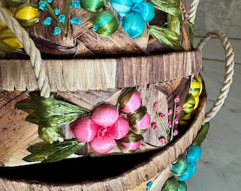 Vintage Raffia Embroidered Basket Set