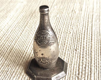 Vintage French Perrier Menu Card Holder 1930s Art Deco Silver Plated Bottle, Parisian Bistro Brocante Decor, Antique Bar Cart Card Stand