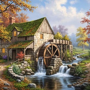 May include: A picturesque painting of a water mill nestled in a vibrant autumn landscape. The mill, constructed of stone and wood, features a large water wheel and a moss-covered roof. A stream flows past the mill, surrounded by colorful trees.